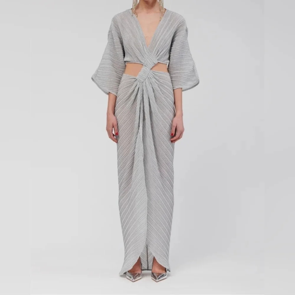 SUBOO Stevie Pleated Cross-Over Maxi Dress w Mini Shorts, Shimmer Gray, Medium